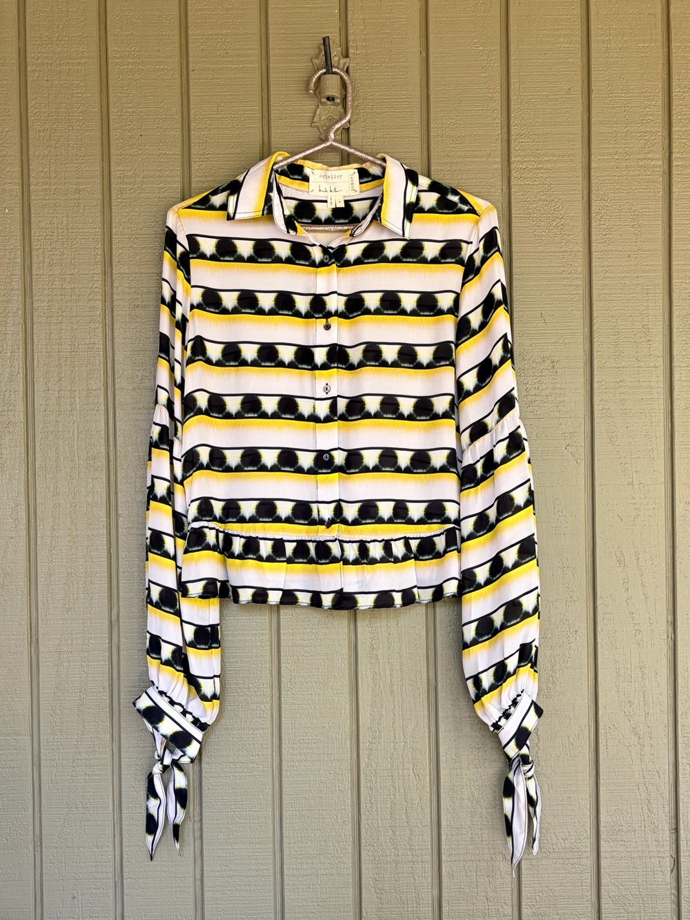 Artelier Nicole Miller 100% Silk Striped Tie-Cuff Blouse P